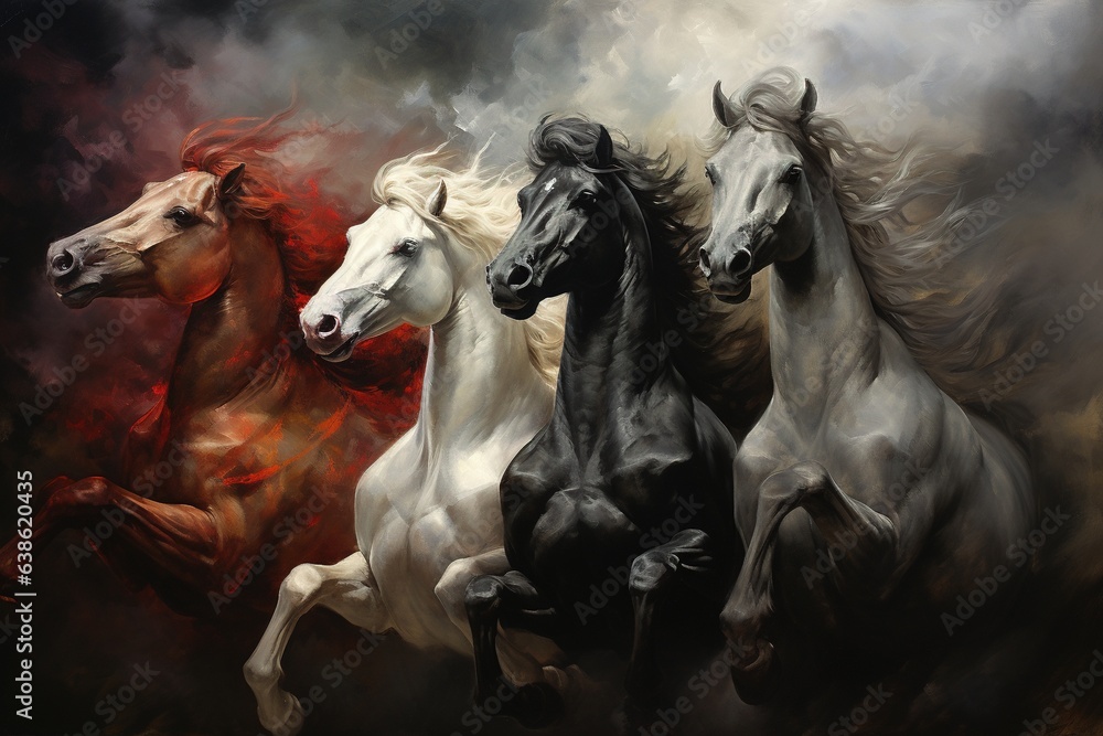 Four horses of the apocalypse - white, red, black and pale. Bible revelation.