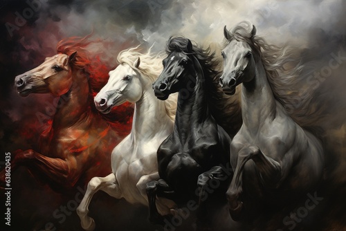 Four horses of the apocalypse - white  red  black and pale. Bible revelation.