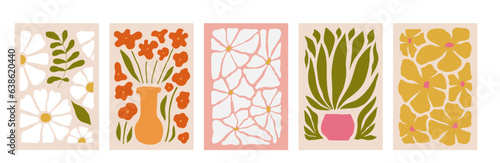 Abstract flower posters set. Trendy botanical wall arts with wild floral plants, leaves in hippie style. Modern naive groovy funky interior decorations, paintings. Colorful flat vector illustrations