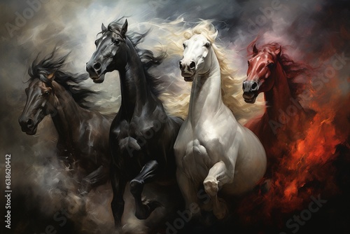 Four horses of the apocalypse - white, red, black and pale. Bible revelation. © Bargais
