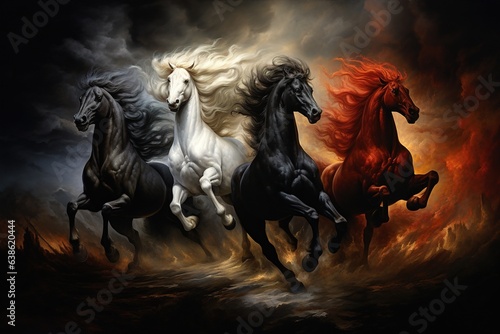 Four horses of the apocalypse - white, red, black and pale. Bible revelation.