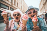 Old women are having fun and enjoying ice cream cones on a city street.