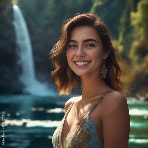 Mujer joven guapa sonriendo junto a una catarata 
