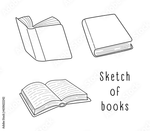 Books sketch set. Outline closed and open books isolated on white background. Hand drawn book collection for Bookstore or book shop icon, library. Outline vector illustration