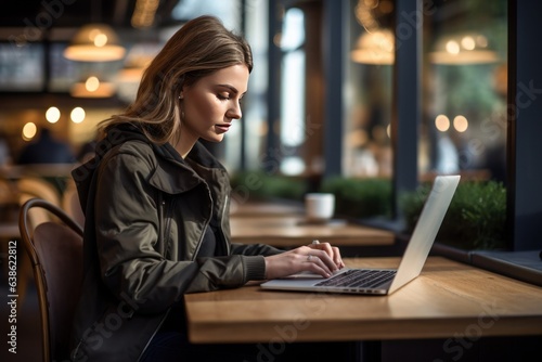 Modern Woman Working on Laptop in Bustling Coffee Shop