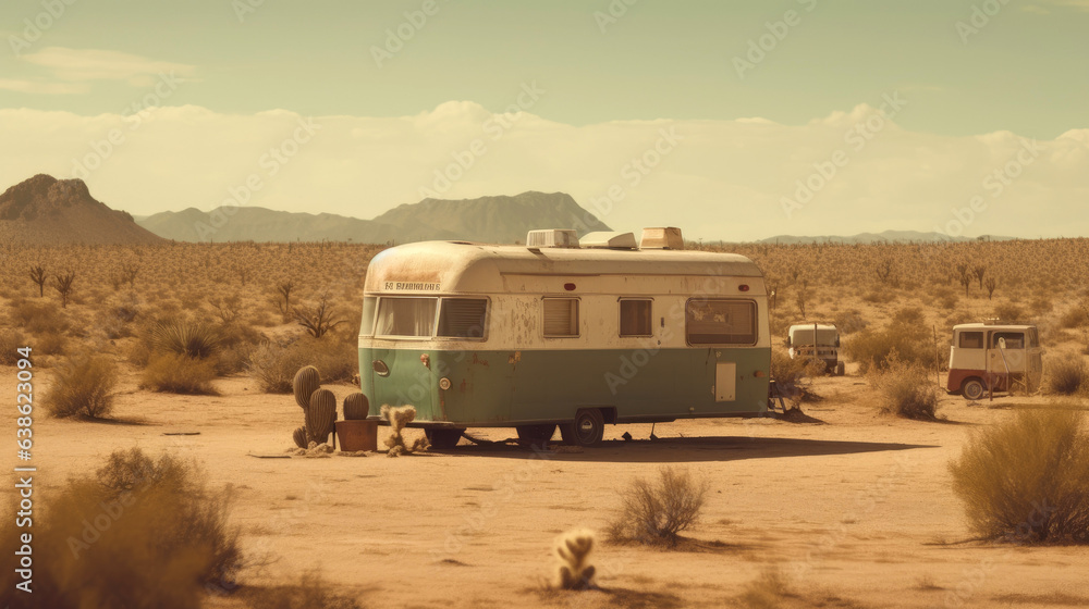Old style retro caravan abandoned in the desert with sand and cactus. Generative AI