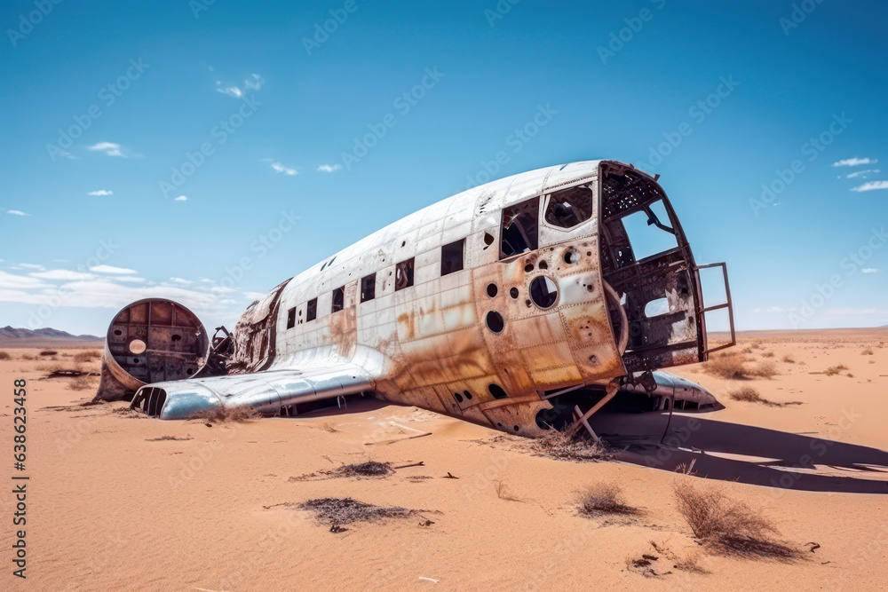 Flugzeugwrack in der Wüste - obrazy, fototapety, plakaty 