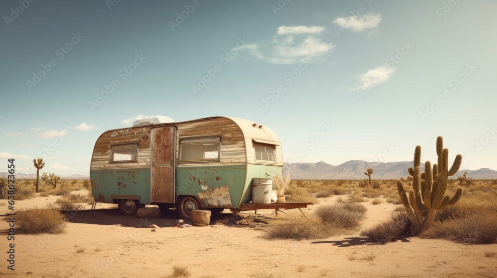 Old style retro caravan abandoned in the desert with sand and cactus. 