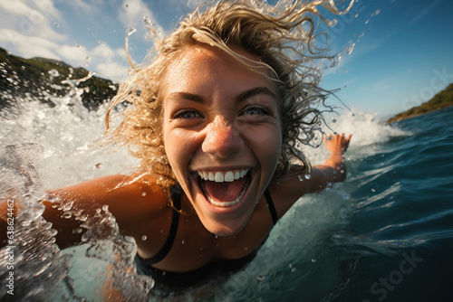 portrait of a happy blonde fit woman surfing on the beach