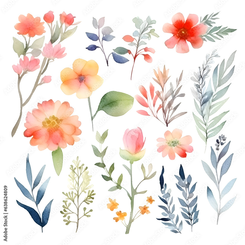 Set of watercolor flowers and leaves isolated on white background. Hand drawn illustration.