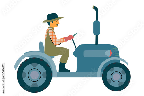 Happy farmer drives blue tractor. 