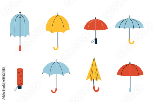 Set of colourful cartoon umbrellas in different designs. Autum or spring time, rain protection. Vector illustration isolated on white background. 
