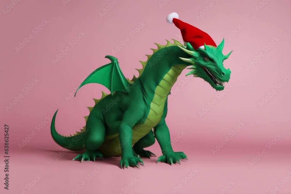 Fototapeta premium Green big dragon in Santa Claus hat on pink background