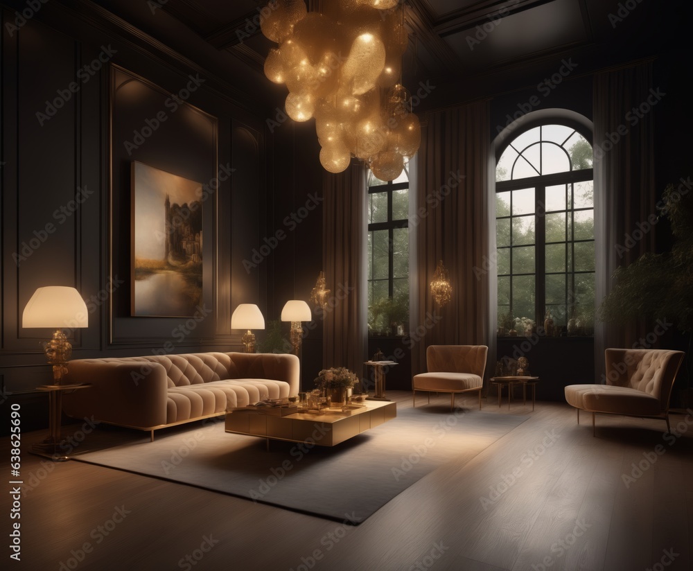  interior design, dreamy castle interior living room, wooden floor, small windows opening 