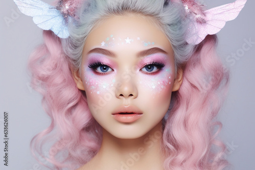 Portrait of woman with Halloween fairy costume makeup on pastel colored background © Firn