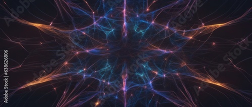 Abstract representation of a neural network as a fractal mirroring recursive repetition in space, neon glowing connections