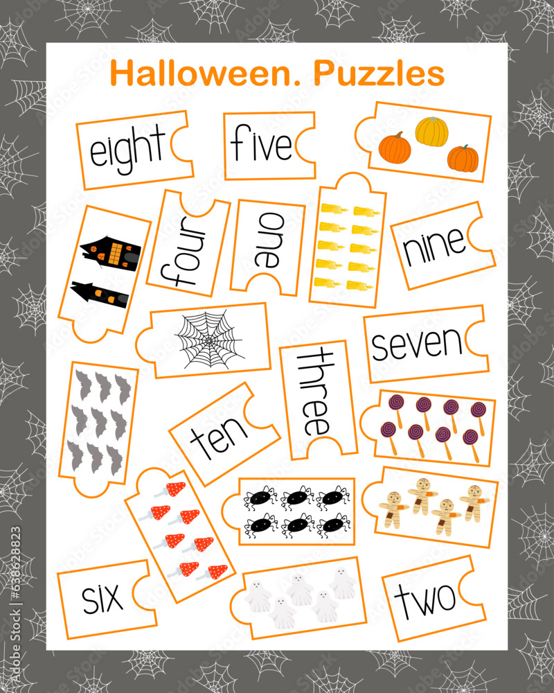 Halloween holiday elements puzzle print and cut leaning numbers, spider, ghost, haunted house vector illustration, English language vocabulary practice, educational game worksheet, teachers resources Halloween holiday elements puzzle print and cut leaning numbers, spider, ghost, haunted house vector illustration, English language vocabulary practice, educational game worksheet, teachers resources