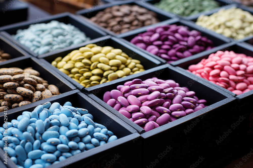 beans of different colors in wooden boxes, close-up