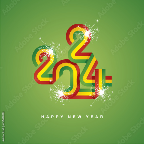 2024 New Year continuous ribbon in the shape of 2024. Abstract green yellow red flag of Ethiopia in the shape of 2024 logo with sparkle firework