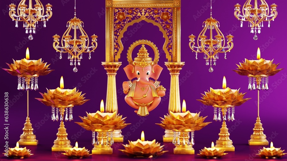 Obraz premium 3D rendering for diwali festival Diwali, Deepavali or Dipavali the festival of lights india with gold diya patterned on color Background.