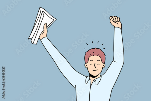 Happy businessman with papers in hands celebrating signing of successful business contract. Successful man office worker rejoice at device at vacancy with big salary and free insurance.