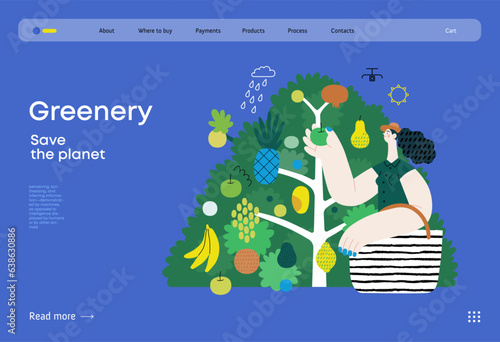 Greenery, ecology -modern flat vector concept illustration of a woman gathering fruit from the 40 fruit tree. Metaphor of environmental sustainability and protection, closeness to nature