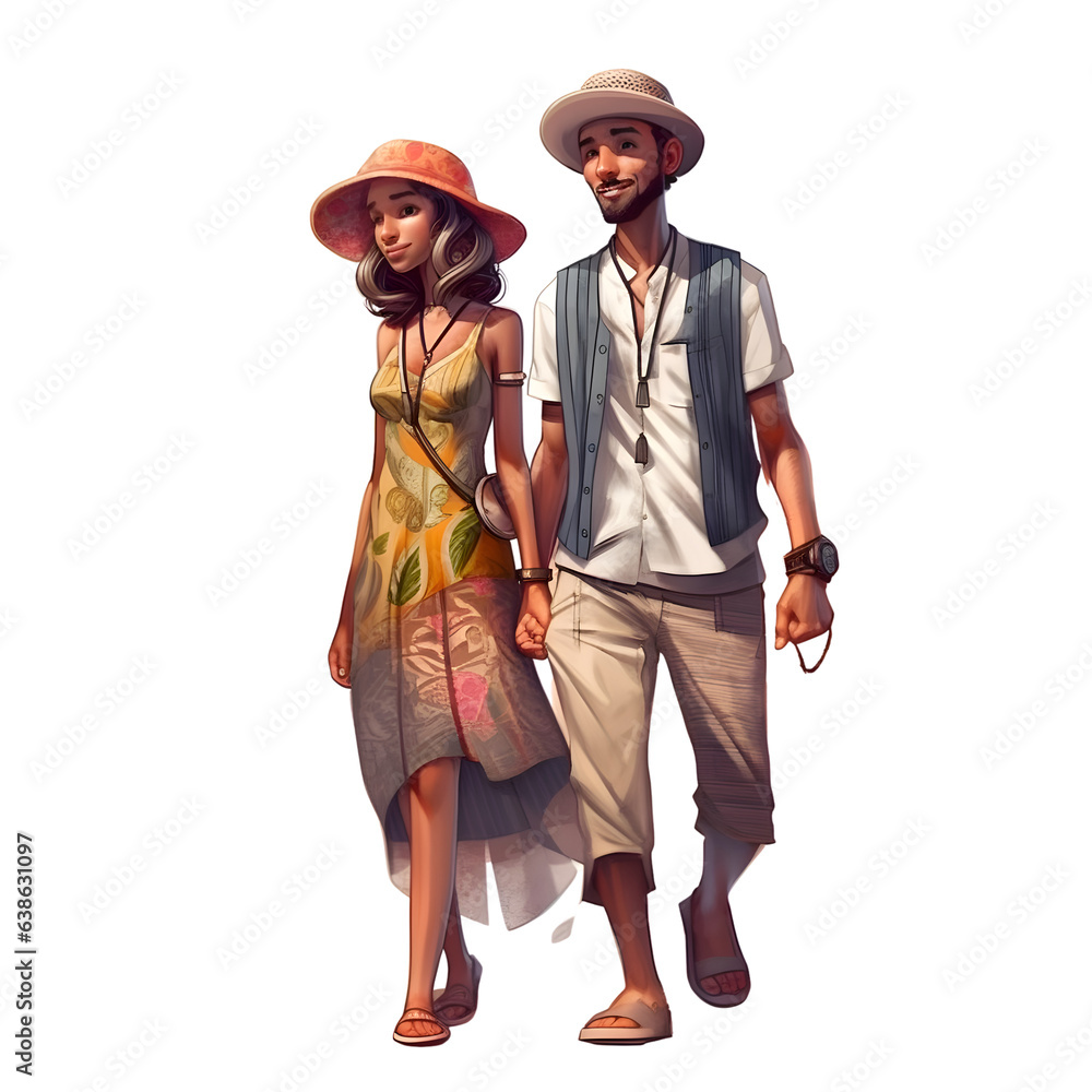 Couple in love walking in the old city. Vector illustration.