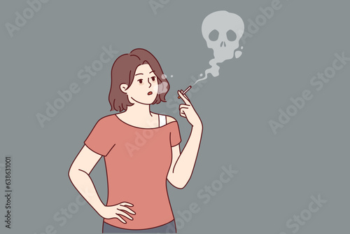 Smoking woman with cigarette in hand stands near skull made smoke, symbolizing death from nicotine. Smoking girl uses tobacco and is at risk of getting cancer due to addiction and harmful lifestyle