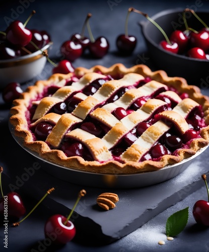 cherry pie with a lattice design on top of it