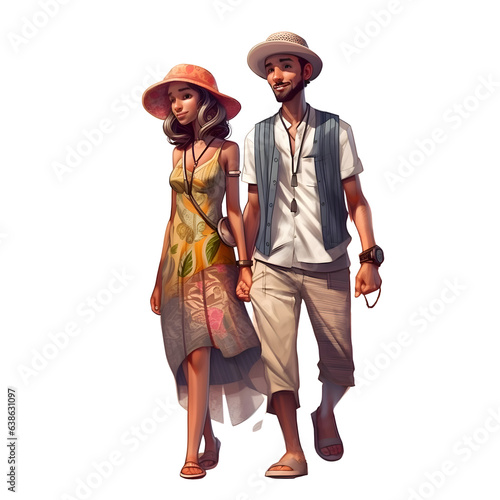 Couple in love walking in the old city. Vector illustration.