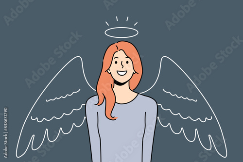 Woman with halo and angel wings smiles, calling to be kind and merciful towards others. Girl angel wants to become volunteer charitable organization that helps those in need in solving social problems