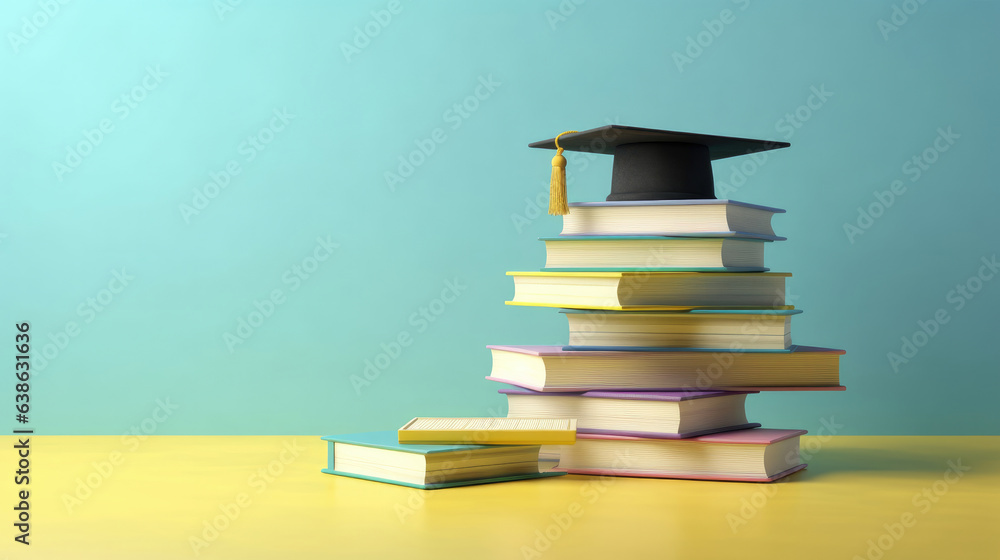 Graduation Cap with books and staircase on blue background, Education concept. - obrazy, fototapety, plakaty 