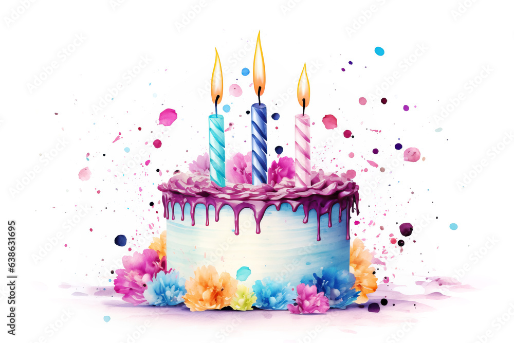 Watercolor Birthday Cake with Three Candles and Flowers Isolated on ...