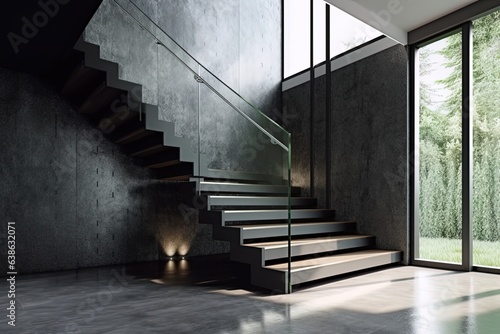 Stairs to the second floor against the backdrop of gray empty walls and large windows. Minimalism. Generative AI