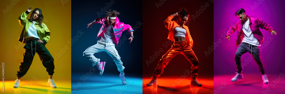 Set of artistic young people, men and women contemporary dance styles, hip hop against different coloured background in neon light. Concept of art, hobby, fashion, youth, motion. Collage, Ad. - obrazy, fototapety, plakaty 