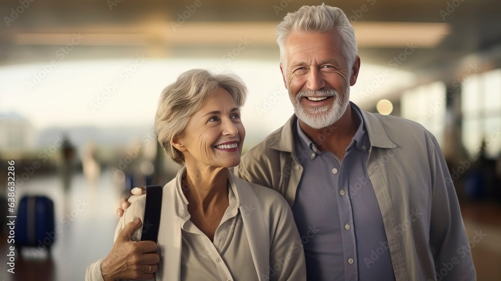 AI generated, photorealistic illustration, elderly couple with luggage sitting in the departure hall of an airport, and waiting. Togetherness, happy. Travel retired people. AI generated, photorealistic illustration, elderly couple with luggage sitting in the departure hall of an airport, and waiting. Togetherness, happy. Travel retired people.