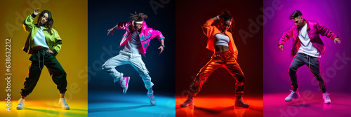Set of artistic young people, men and women contemporary dance styles, hip hop against different coloured background in neon light. Concept of art, hobby, fashion, youth, motion. Collage, Ad. photo