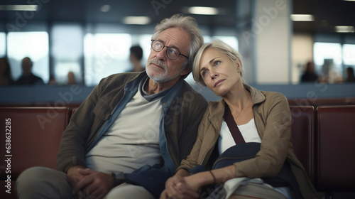 AI generated  photorealistic illustration  elderly couple with luggage sitting in the departure hall of an airport  and waiting. Togetherness  happy. Travel retired people. 