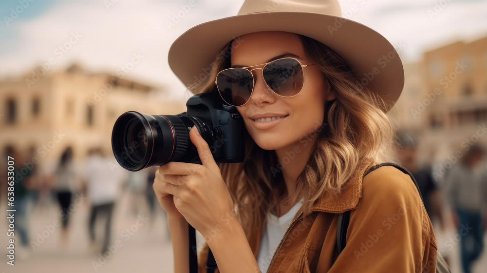 Beautiful Woman With Camera Taking Photos Of Beautiful Location, Traveler, Travel concept. Beautiful Woman With Camera Taking Photos Of Beautiful Location, Traveler, Travel concept.