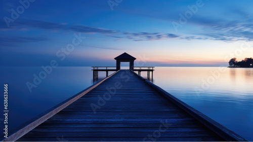 Wooden bridge over the sea on blue hour.