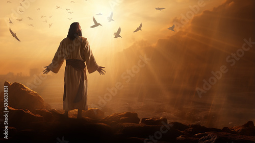 Slika na platnu Silhueta Jesus libera uma pomba, grande neblina, raios de luz solar dourada vind