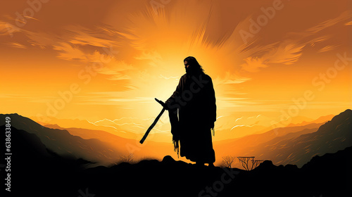 Silhueta Jesus carregando cruz , grande neblina, raios de luz solar dourada vindos do céu para a terra, obra-prima, maravilhosa cena divina