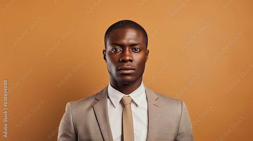 dark skinned man in business outfit against orange background with copy space dark skinned man in business outfit against orange background with copy space