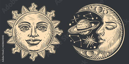 Moon and Sun with face stylized as engraving. Day and night. Hand drawn vector illustration astrology