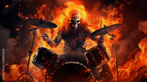 Caveira tocando bateria , rock roll, fundo em chamas de fogo