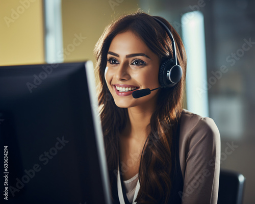 a smiling female call center helpdesk operator, generative ai