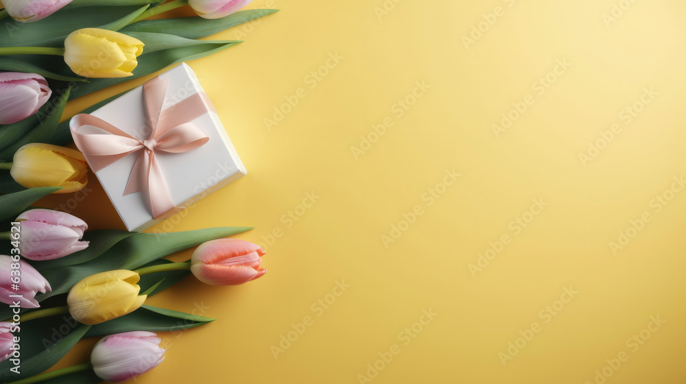 Top view of gift boxes bouquet of flowers yellow pink tulips colorful on yellow background, Happy Mothers Day idea.