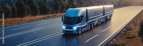 Electric autonomous truck on a Highway, Futuristic concept.