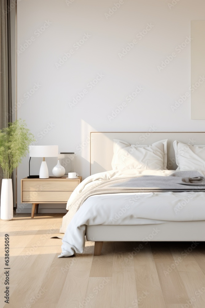 Fototapeta premium A bedroom with a white bed and a plant. Generative AI.