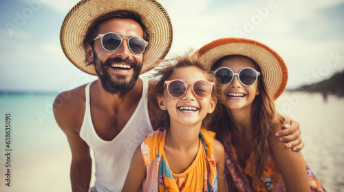Mother and father with daughter embrace and laugh together, Summer vacation with family concept.